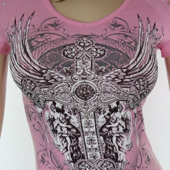 Bling | Tops | Bling Soft Pink Cross Angel Wing Razor Cut Top | Poshmark